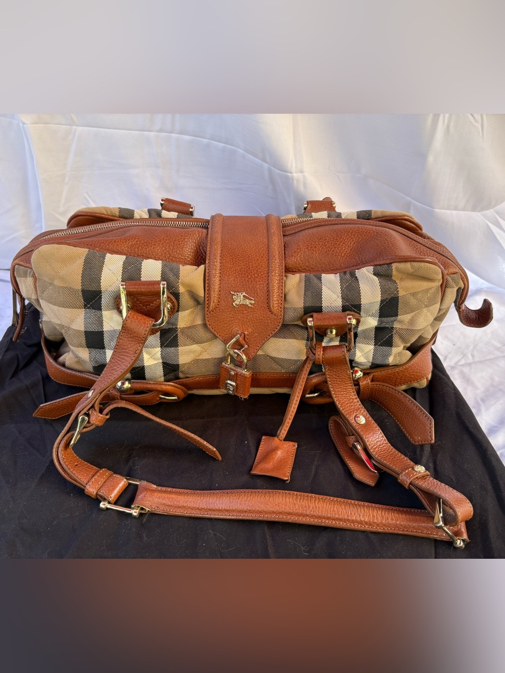 Burberry Classic Check Canvas & Brown Leather Boston Bag